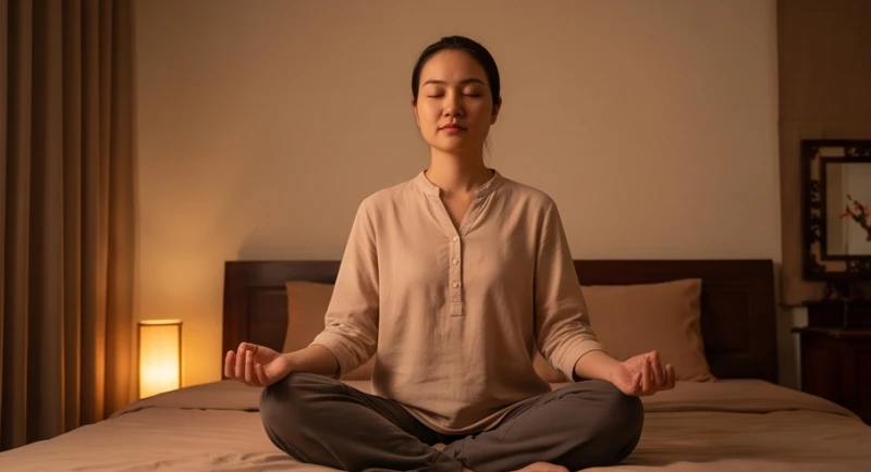 Mơ thấy chùa bị cháy: Điềm báo, con số và nghi thức hóa giải 3 Người phụ nữ ngồi thiền định và hít thở sâu trên giường để lấy lại bình tĩnh sau cơn hoảng loạn thần kinh