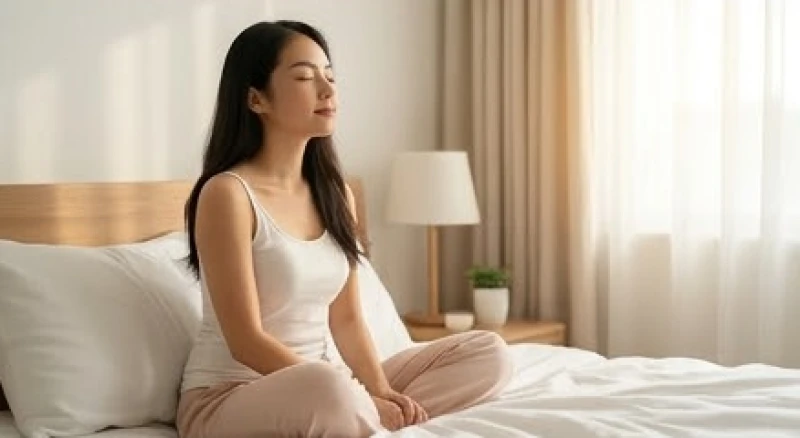 Mơ thấy kinh nguyệt: Giải mã tâm lý, điềm báo và con số may mắn 6 Cô gái nhắm mắt hít thở sâu trên giường ngủ để tĩnh tâm lại sau khi tỉnh giấc từ cơn ác mộng