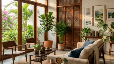 Không gian phòng khách hài hòa phong thủy cho gia chủ tuổi Kỷ Tỵ với la bàn định hướng và cây xanh mệnh Mộc