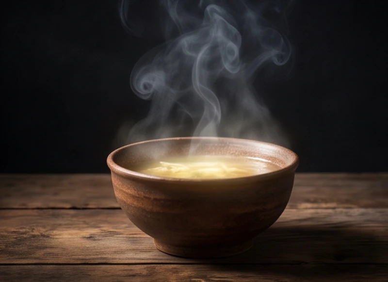 Bát canh Mạnh Bà bốc khói mờ ảo tượng trưng cho sự xóa bỏ ký ức trước khi bước vào kiếp sống mới