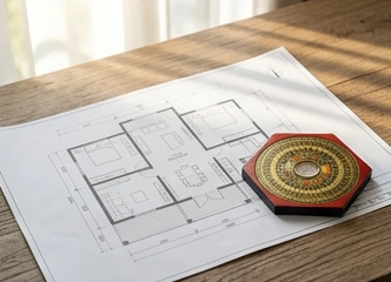 Bản vẽ mặt bằng ngôi nhà với chiếc la bàn phong thủy định vị các hướng tốt thuộc cung Chấn