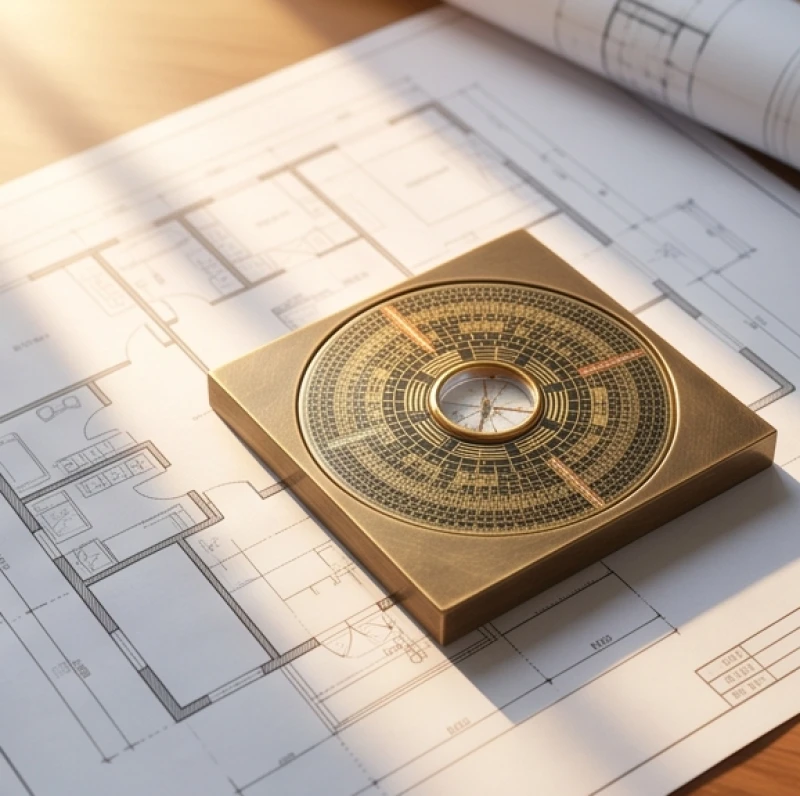 Chiếc la bàn bát trạch bằng đồng đặt trang trọng trên bản vẽ thiết kế mặt bằng ngôi nhà