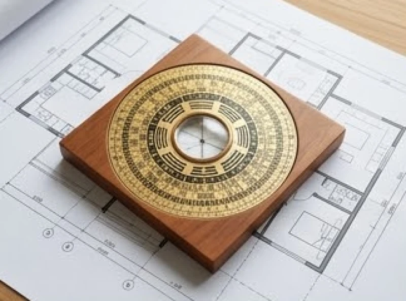 La bàn phong thủy Bát trạch đặt trên bản vẽ thiết kế kiến trúc nhà ở phương Đông