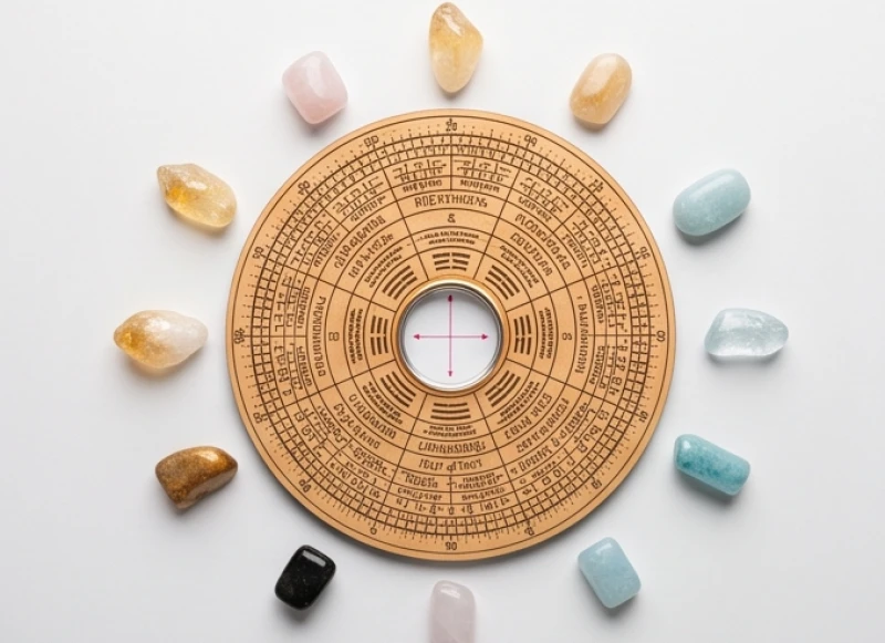 La bàn phong thủy gỗ kết hợp cùng các viên tinh thể đá tự nhiên đặt trên mặt bàn