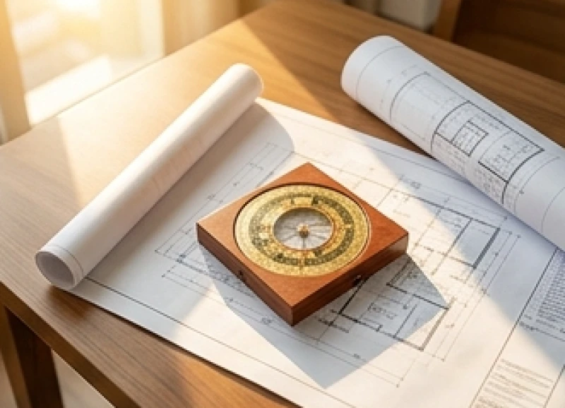 La bàn phong thủy Bát Trạch đặt trên mặt bàn gỗ để xác định hướng tốt cho phòng làm việc