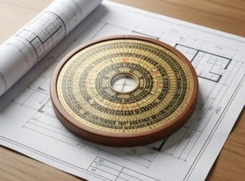 La bàn phong thủy Bát Trạch đặt trên bản vẽ kiến trúc nhà ở giúp phân định hướng cát hung cho gia chủ