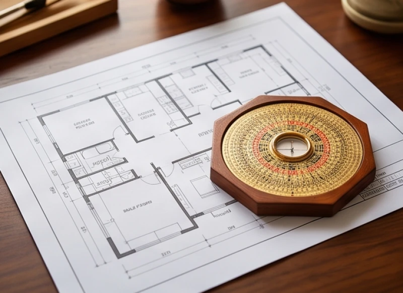 Bản vẽ mặt bằng ngôi nhà được đặt chồng lên la bàn Bát trạch để phân tích các hướng Sinh Khí và Thiên Y