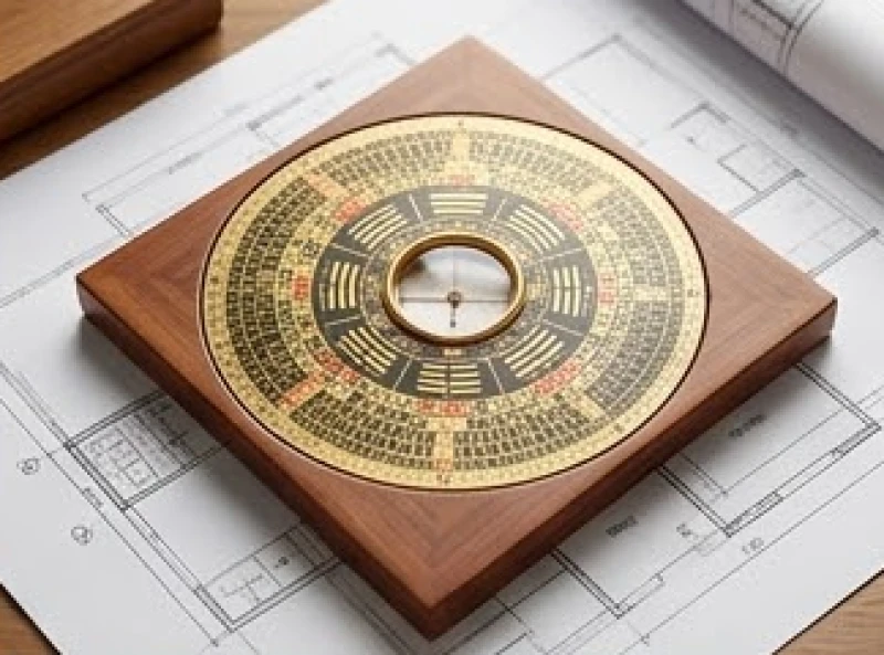 La bàn phong thủy bát trạch đặt trên bản vẽ phân định phương vị Tây Tứ mệnh và Đông Tứ mệnh