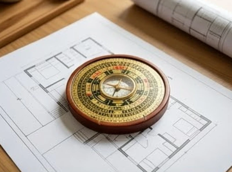 La bàn phong thủy Bát Trạch đặt trên bản vẽ thiết kế nhà ở của gia đình