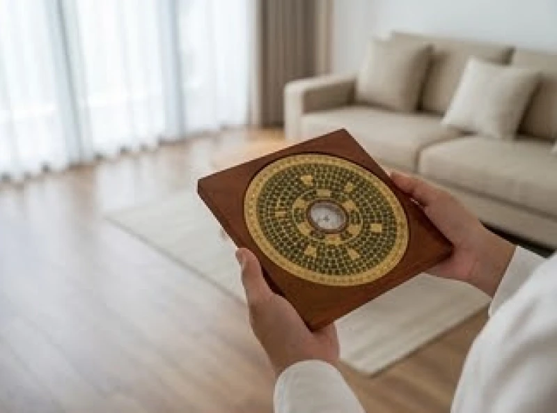 Mệnh Hỏa Hợp Hướng Nào: Tra Cung Phi Nam Nữ Và Cách Hóa Giải 2 Bàn tay cầm chiếc la bàn phong thủy bằng gỗ đang đo đạc hướng trước cửa một ngôi nhà