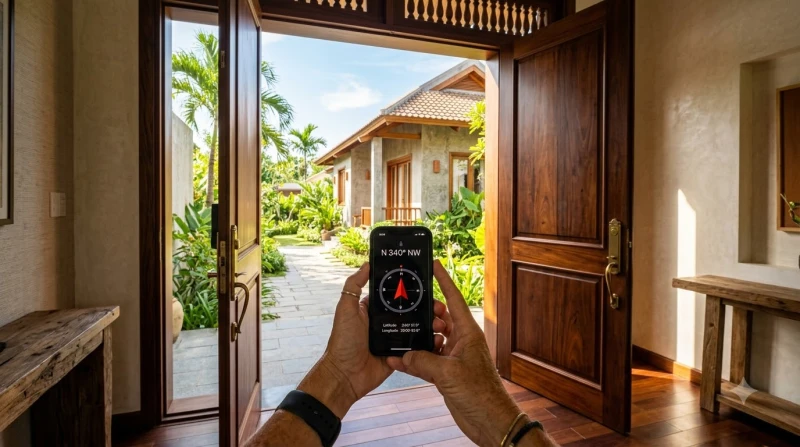 Tuổi Tỵ hợp hướng nào: Phân biệt nam nữ và cách hóa giải 12 Bàn tay cầm chiếc điện thoại thông minh mở ứng dụng la bàn, hướng thẳng ra cửa chính của căn nhà
