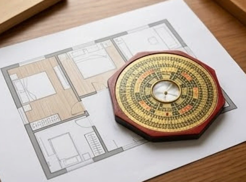 La bàn phong thủy đặt trên bản vẽ mặt bằng phòng ngủ giúp xác định chuẩn xác cung phi