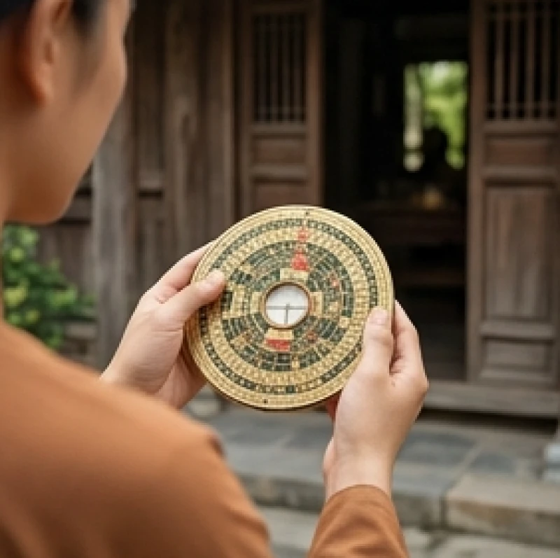 Hướng dẫn chọn ngày tốt cho tuổi Mão: Quy tắc ngũ hành, nam nữ 5 Bàn tay cầm la bàn phong thủy đo phương vị trước cửa chính của một ngôi nhà