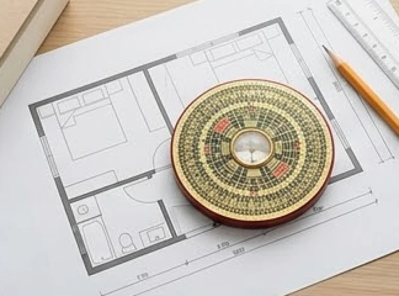 La bàn phong thủy đặt trên bản vẽ mặt bằng để xác định hướng giường ngủ hợp tuổi tỵ
