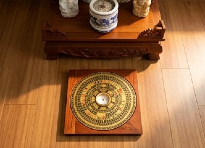Chiếc la bàn phong thủy đặt trên nền nhà trước tủ thờ gỗ để đo phương vị đón tài lộc