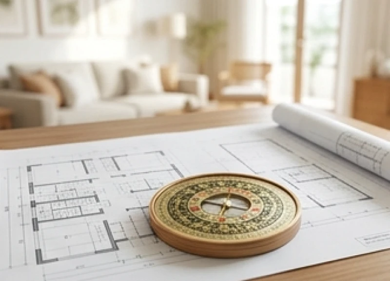 La bàn phong thủy đặt trên bản vẽ mặt bằng nhà để xác định hướng cát hung cho người sinh năm Hợi