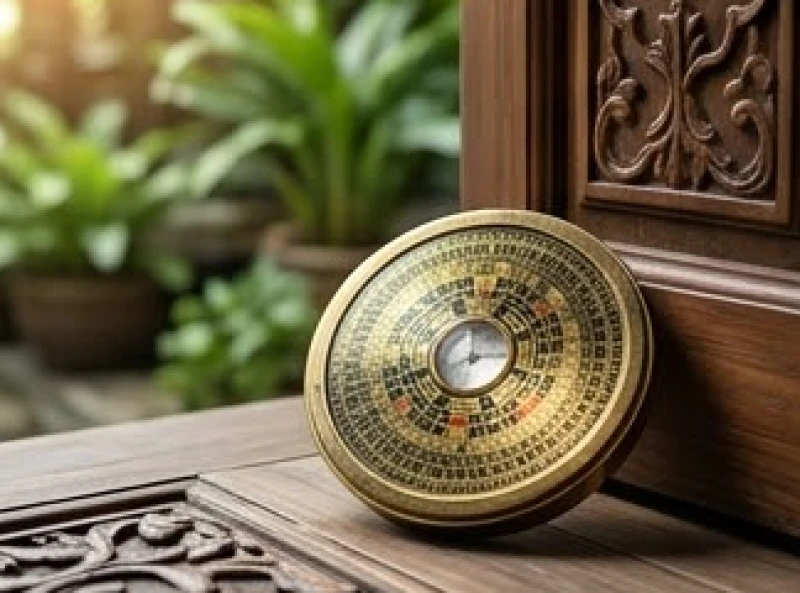 Chiếc la bàn đồng cổ điển được đặt trước cửa chính để đo tọa độ sinh khí của ngôi nhà