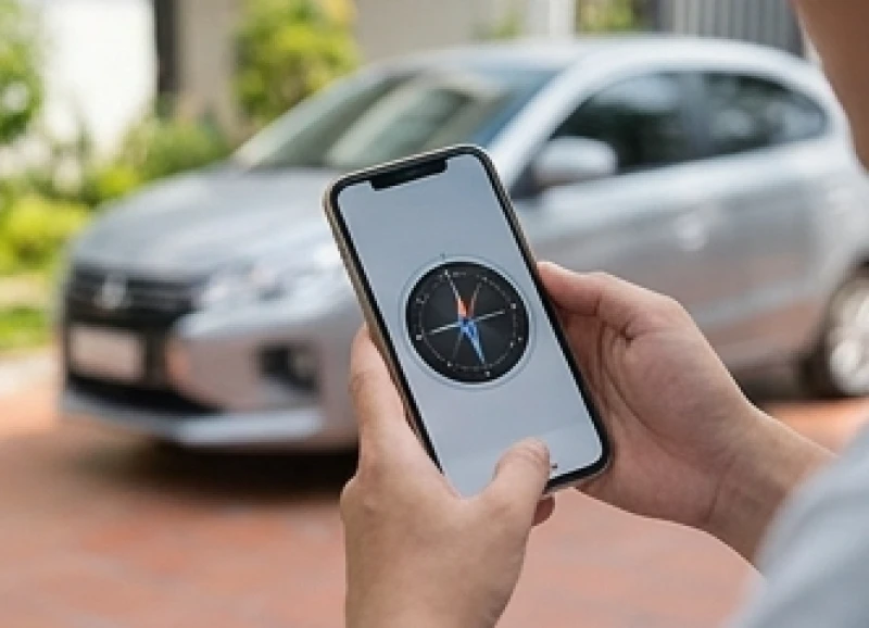 Người chủ xe sử dụng ứng dụng la bàn trên điện thoại thông minh để căn chỉnh chính xác hướng đỗ