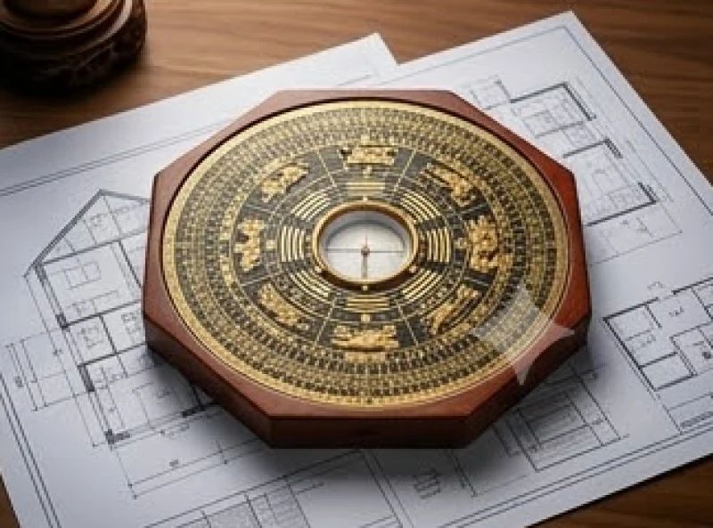 Chiếc la bàn phong thủy bằng gỗ chạm khắc tinh xảo được đặt ngay ngắn trên bản vẽ thiết kế nhà