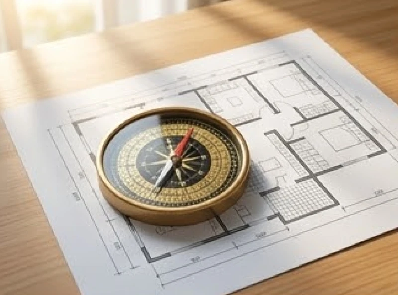 La bàn phong thủy Bát Trạch đặt trên bản vẽ thiết kế mặt bằng ngôi nhà
