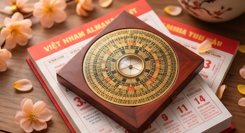Chiếc la bàn phong thủy bằng gỗ được đặt cẩn thận trên cuốn lịch vạn niên đỏ để tính toán hướng đi.