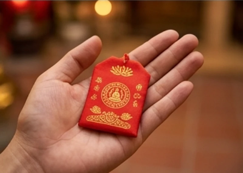 Lá bùa bình an màu đỏ thỉnh từ chùa được giữ gìn cẩn thận để cầu may mắn