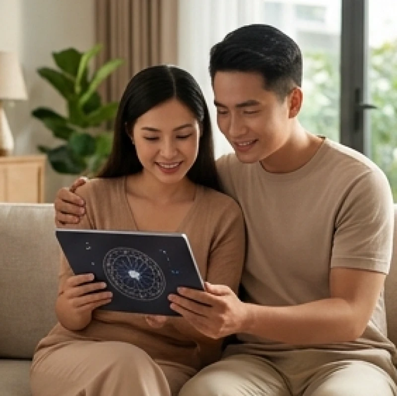 Cặp vợ chồng trẻ đang xem chung một lá số phong thủy trên màn hình máy tính bảng