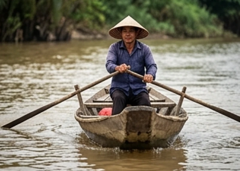 Mơ thấy đi đò qua sông: Điềm báo dòng nước và con số tài lộc 3 Người lái đò đội nón lá đang gồng mình chèo lái con thuyền tiến qua dòng nước sông vẩn đục
