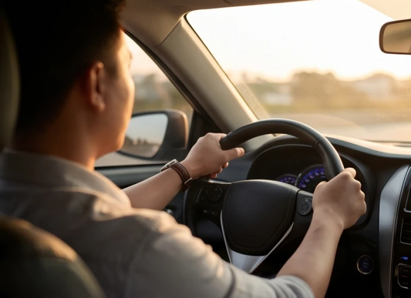 Người lái xe tập trung quan sát đường qua vô lăng trong điều kiện ánh sáng yếu