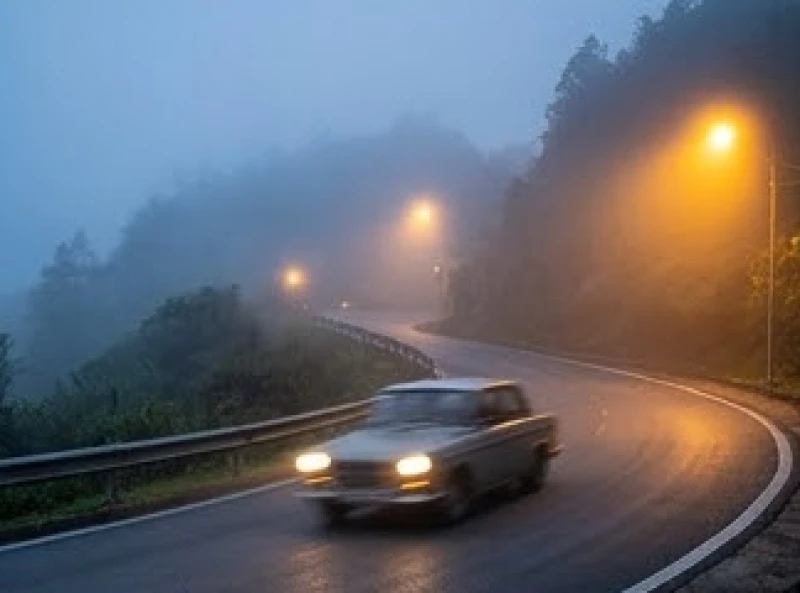 Chiếc ô tô cổ di chuyển cẩn trọng trên con đường sương mù bao phủ dưới ánh đèn vàng