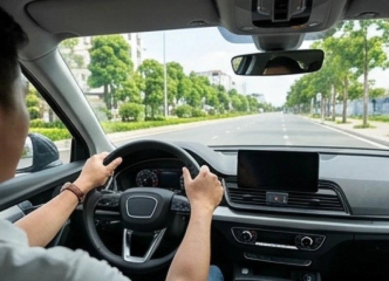 Đôi tay người lái đang điều khiển vô lăng chiếc ô tô cẩn thận rẽ từ cổng đại lý ra tuyến đường đô thị