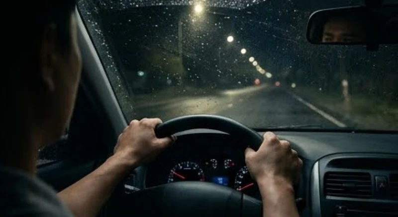 Mơ thấy chồng bị tai nạn: Giải mã bối cảnh, tâm lý và số sổ mơ 3 Đôi bàn tay nắm chặt vô lăng xe ô tô di chuyển trên con đường vắng vẻ ban đêm dưới cơn mưa mù mịt
