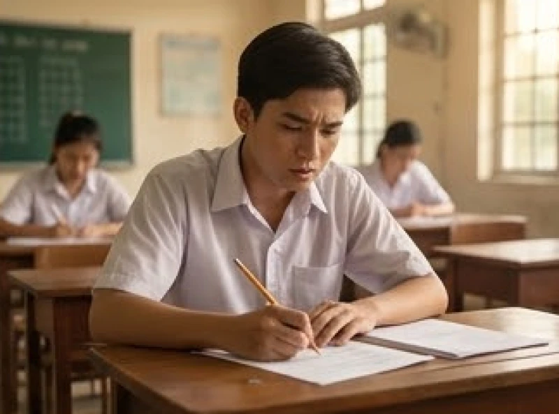 Mơ thấy đi học thi cử: Điềm báo, số may mắn & mẹo xả stress 2 Học sinh ngồi căng thẳng làm bài kiểm tra Toán trên bàn học trong một không gian lớp học nhuốm màu hư ảo