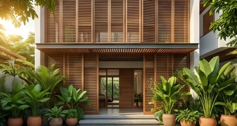 Hiên nhà hướng Tây được trang bị lam gỗ cách nhiệt và trồng nhiều cây xanh bóng mát che chắn