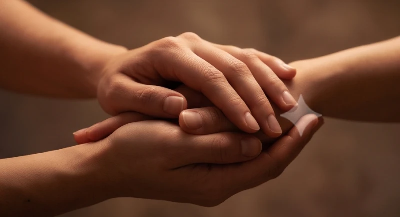 Đôi bàn tay nắm lấy nhau thể hiện sự thấu hiểu, điềm tĩnh và gắn kết chặt chẽ trong gia đình