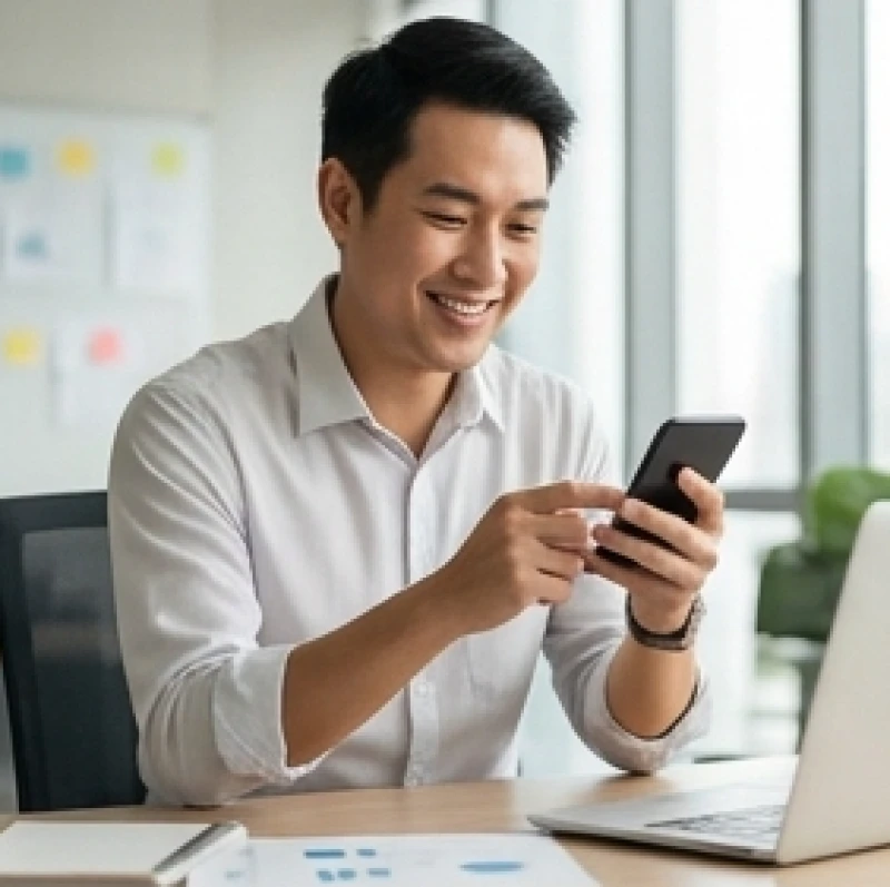 Nhân viên văn phòng mỉm cười hài lòng khi kiểm tra tin nhắn nhận lương hàng tháng