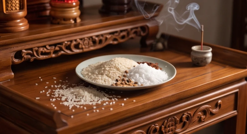 Đĩa gạo và muối cúng bị đổ vương vãi trên ban thờ gỗ truyền thống