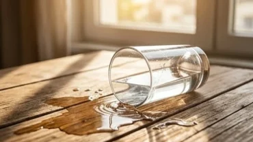 Vô tình làm đổ ly nước lọc trên bàn gỗ, gợi nhắc ý nghĩa làm đổ nước là điềm gì trong phong thủy