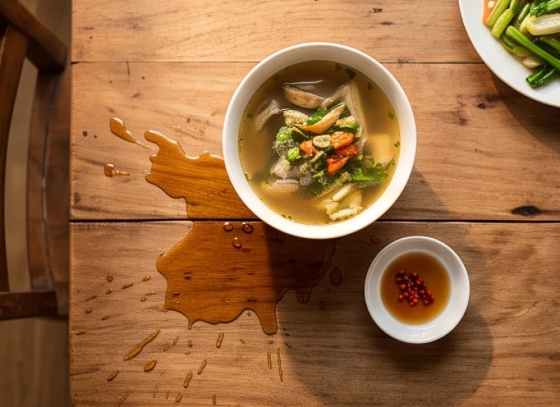 Tô canh nóng và bát nước mắm bị nghiêng đổ tràn nước ra mặt bàn gỗ