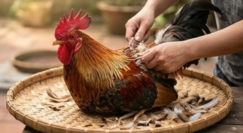 Con gà trống vạm vỡ đang được nhổ sạch lông tơ để chuẩn bị cho mâm cỗ cúng