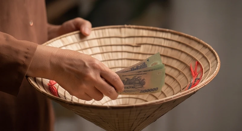 Một bàn tay ấm áp đang đặt tiền vào chiếc nón lá của người ăn xin bên lề đường
