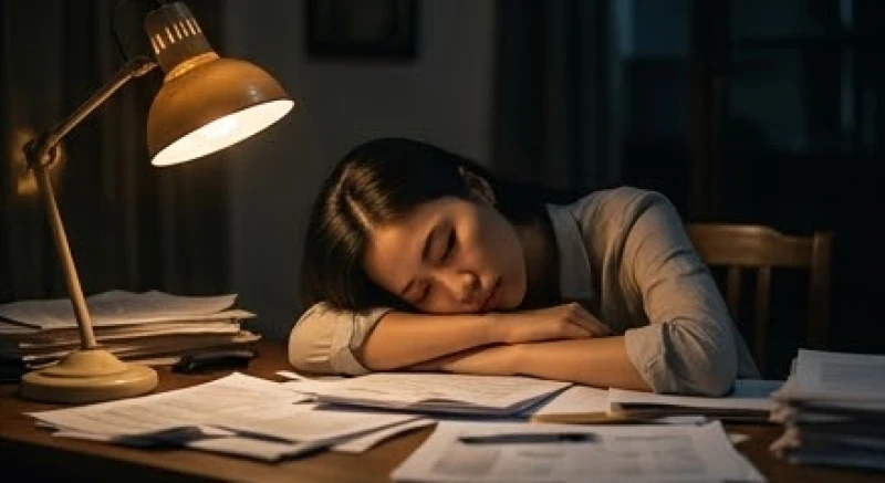Phụ nữ gục đầu mệt mỏi bên bàn làm việc đầy giấy tờ vào đêm muộn do hệ thần kinh quá tải