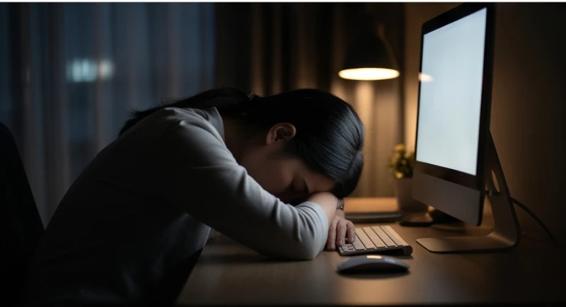 Một người gục đầu mệt mỏi trước màn hình máy tính giữa đêm khuya vì áp lực công việc quá lớn