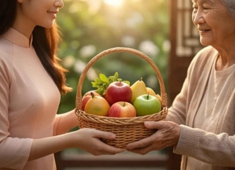 Đôi bàn tay cẩn thận trao tặng giỏ trái cây tươi ngon cho một người lớn tuổi với sự trân trọng