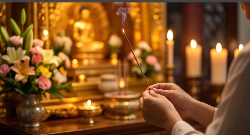 Mơ thấy quan tài màu vàng: Điềm báo tài lộc và bộ số may mắn 7 Hành động dâng hương và cầu an tại chùa giúp trấn an tinh thần và kích hoạt may mắn sau giấc mơ