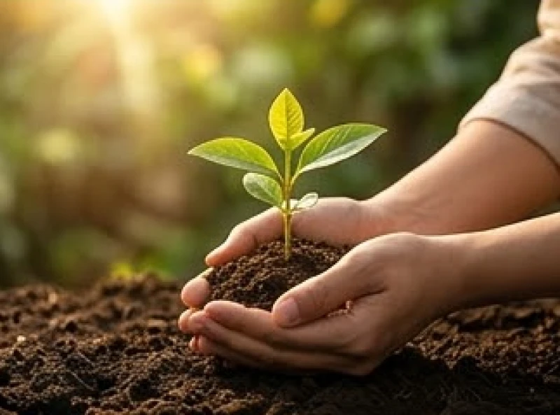 Đôi bàn tay nâng niu mầm cây xanh thể hiện hành động làm thiện giải trừ vận hạn