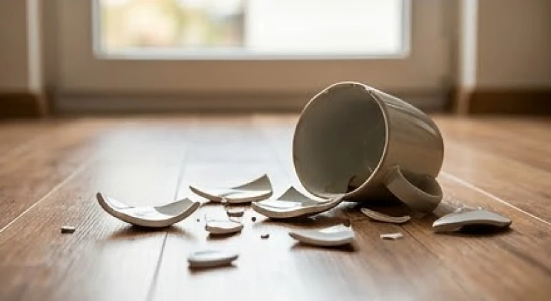 Mảnh vỡ của chiếc cốc gốm sứ nằm ngổn ngang trên sàn nhà sau một sự cố trượt tay