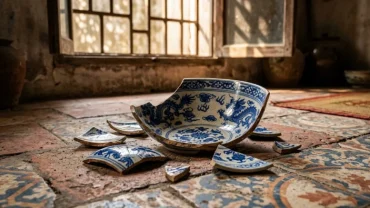 Cận cảnh chiếc bát gốm sứ vỡ vụn trên nền gạch hoa văn truyền thống mang ẩn ý làm vỡ đồ là điềm gì theo phong thủy