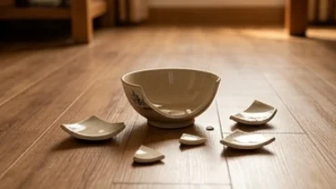 Một chiếc bát gốm vỡ nát trên sàn gỗ, mang theo ý nghĩa phong thủy và thắc mắc làm vỡ đồ là điềm gì