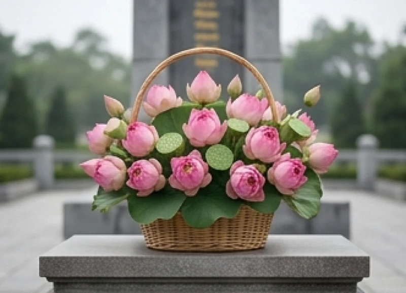 Lẵng hoa sen hồng tươi tắn được kết tỉ mỉ thay cho cỗ mặn lỉnh kỉnh khi đi dâng lễ tại các khu di tích